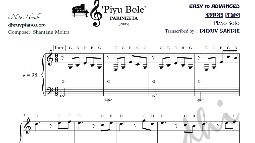 Piyu Bole Song Piano Notes 
Gaana Pehchaana